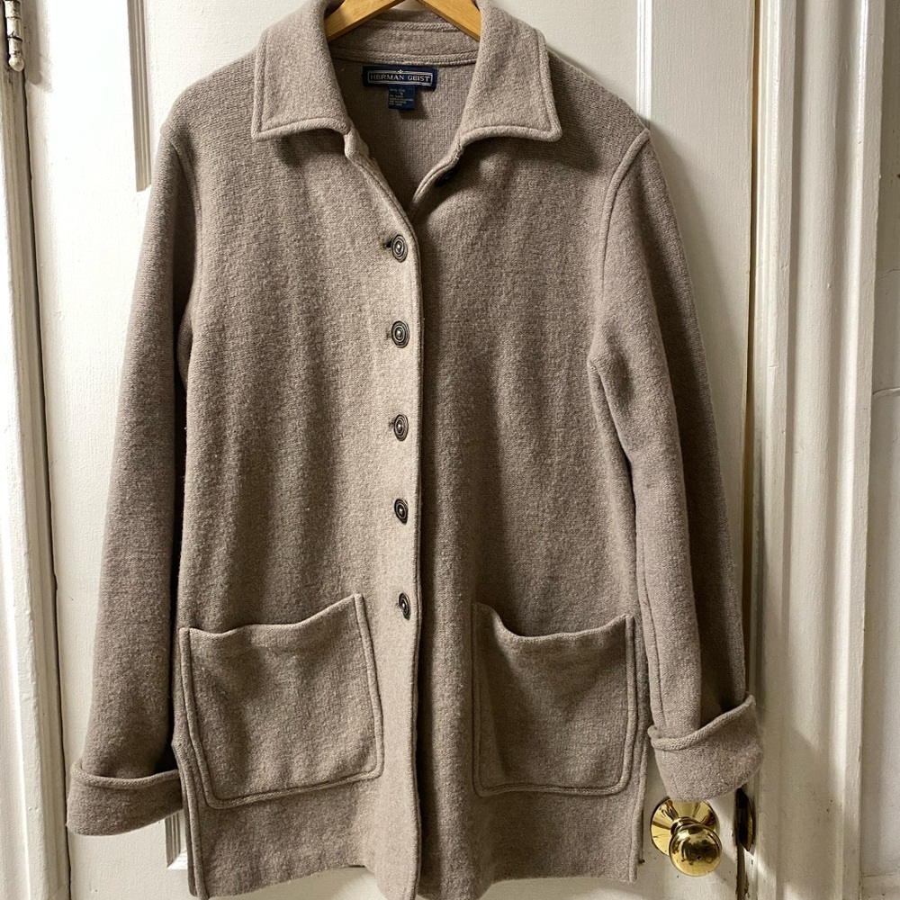 Vintage Herman Geist Tan 100% Wool Button-up Sweater Size Small